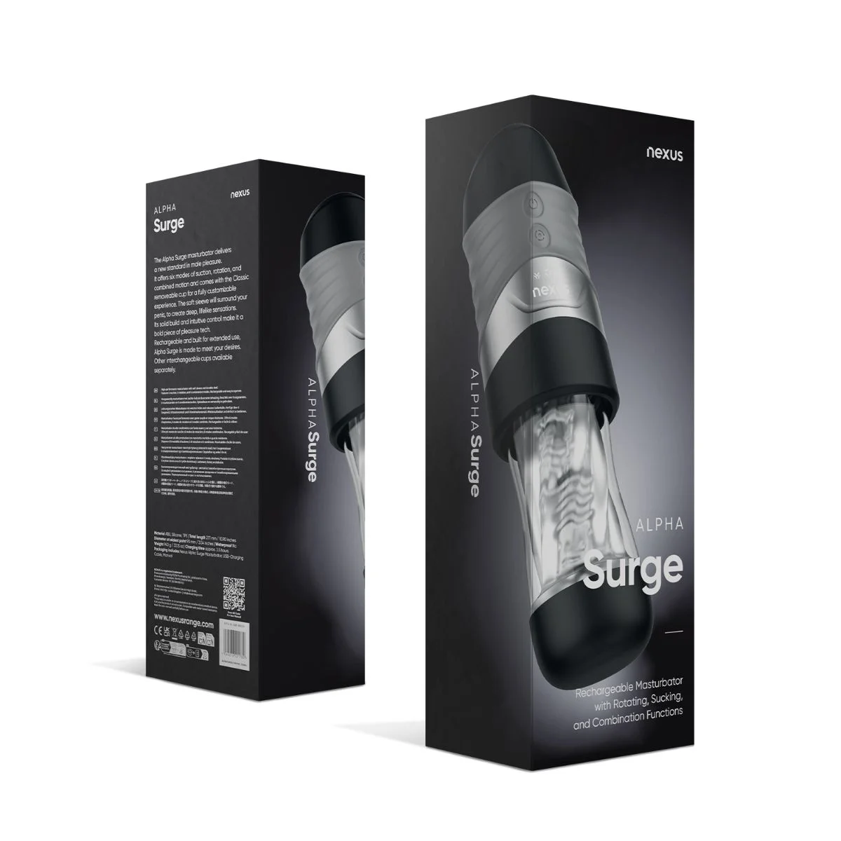 Nexus – Alpha Surge Masturbator met Rotatie & Zuigfunctie – Zwart