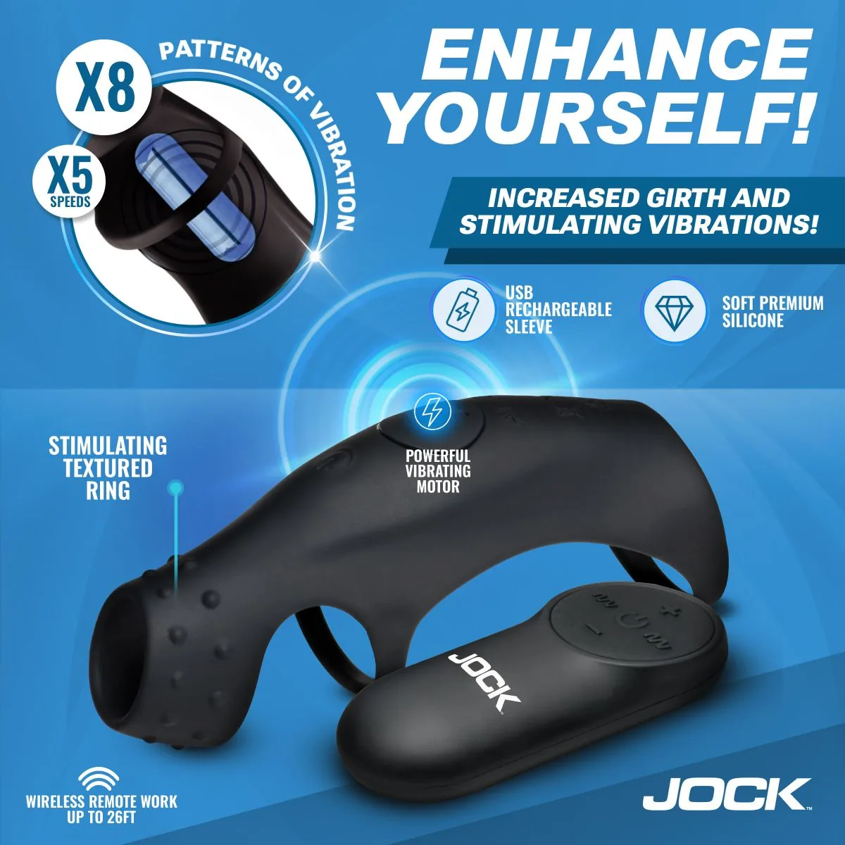 Jock - Rush Vibrerende Penis Sleeve met Cockring - Zwart - Afbeelding 7