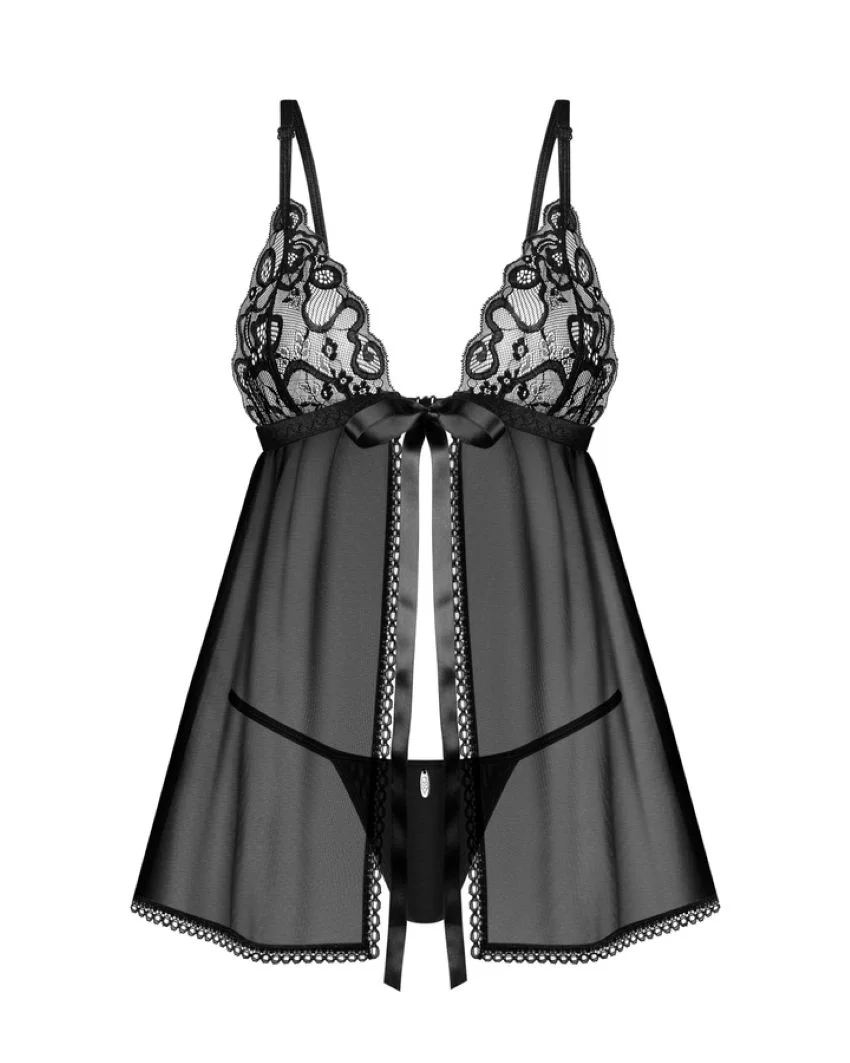 Obsessive - Blomentis Babydoll en String - Zwart