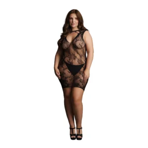 Le Desir - Kanten Mini Jurk met Hoge Hals Queen Size - Zwart