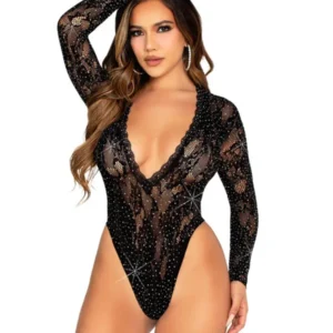 Leg Avenue – Kant Bodysuit met Deep-V Hals – Zwart