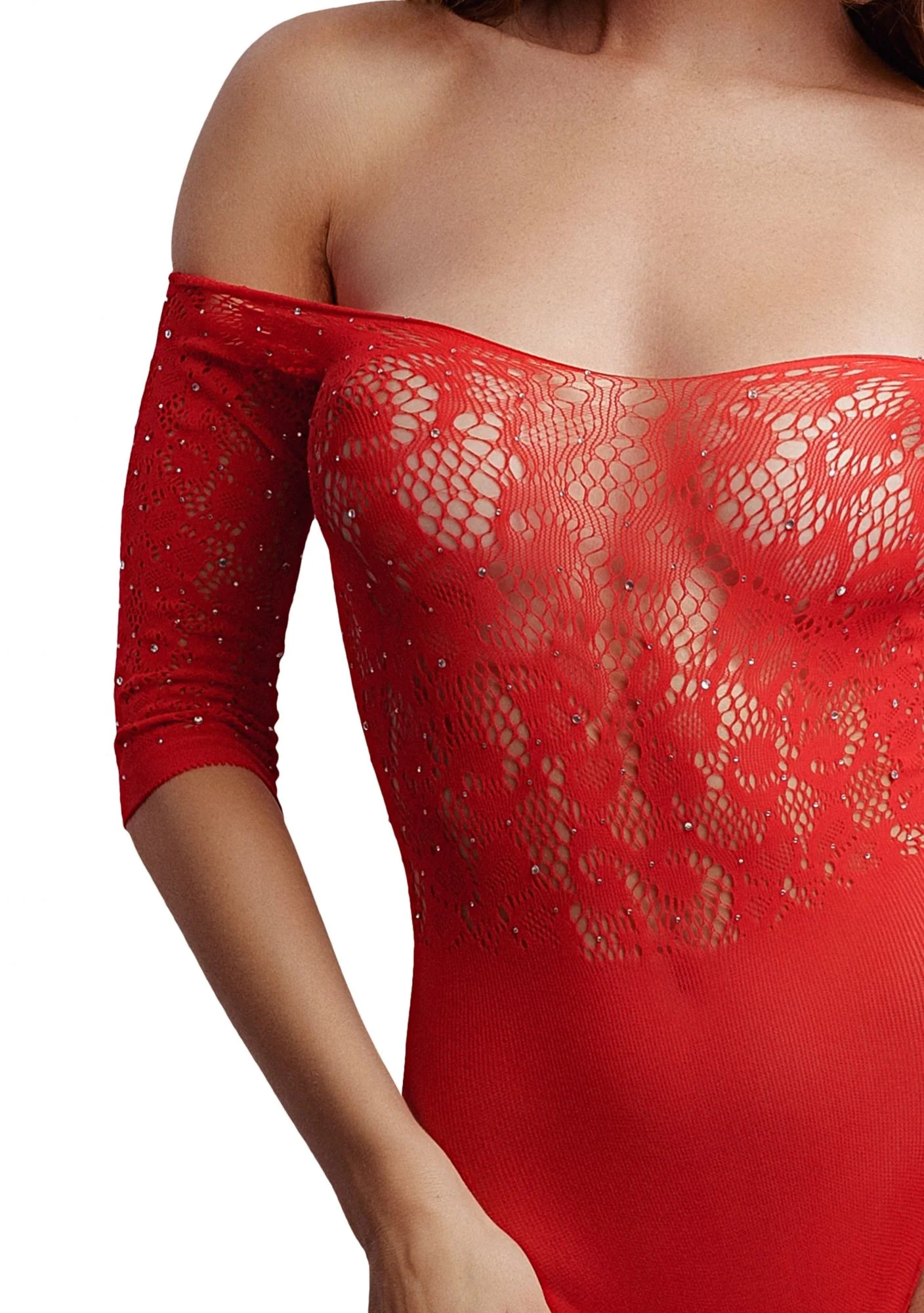 Kruisloze Rhinestone Teddy - Rood