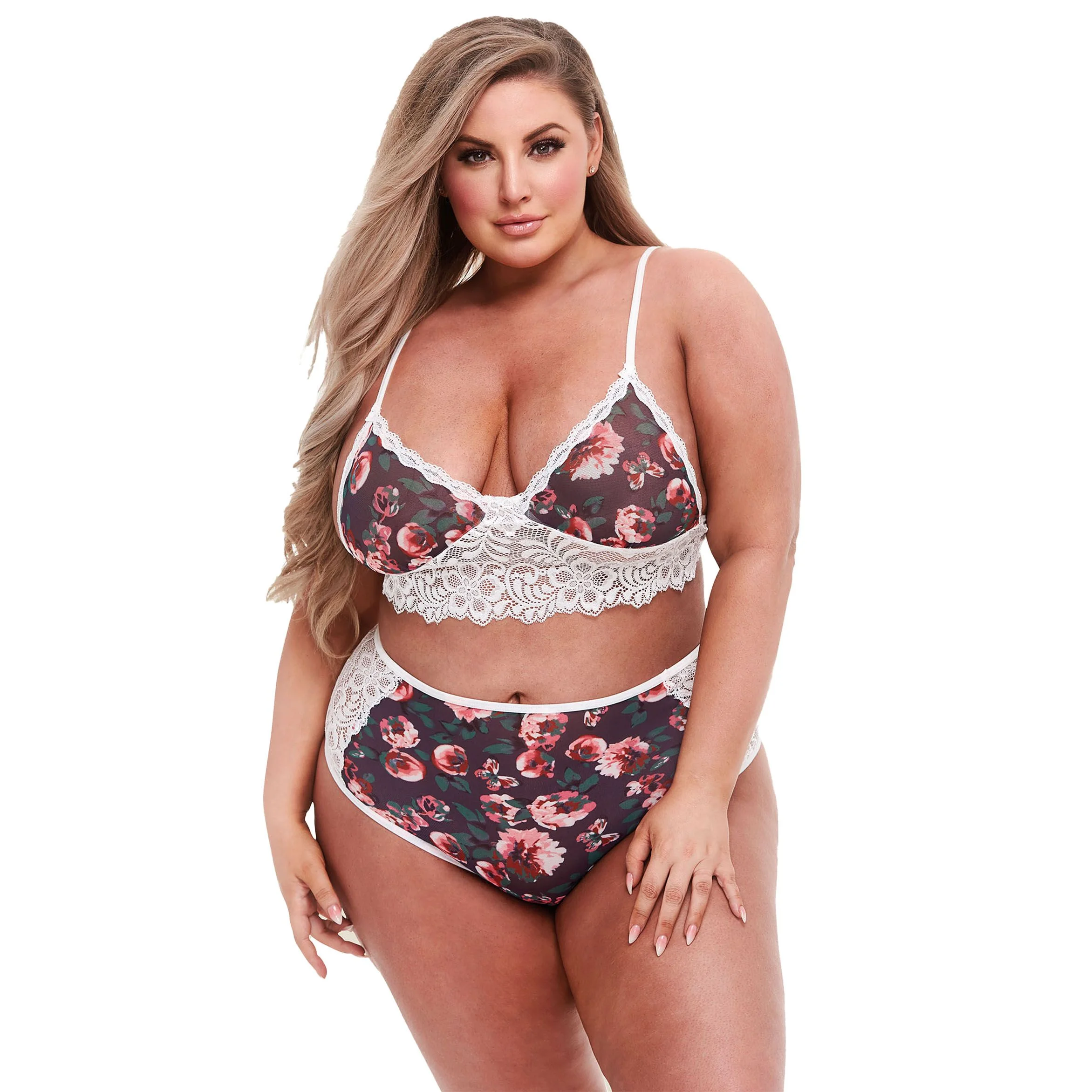 Baci – Grijs Bloemenprint & Kant BH-Set – White Label – Queen Size